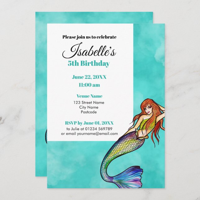 Invitation Belle sirène arc-en-ciel avec cheveux longs (Devant / Derrière)