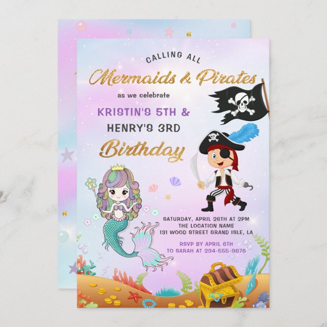Invitation Belle Sirène & Pirate Sous La Mer Anniversaire (Devant / Derrière)