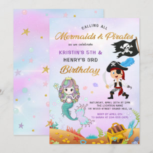 Invitation Belle Sirène & Pirate Sous La Mer Anniversaire