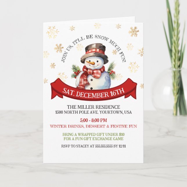 Invitation Belle Snowman Gold Snowflakes Noël plié (Devant)