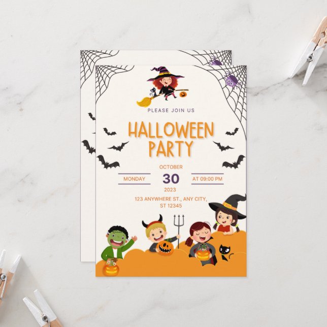Invitation Belle soirée costume pour enfants ou traiter Hallo (Devant/Arrière en situation)