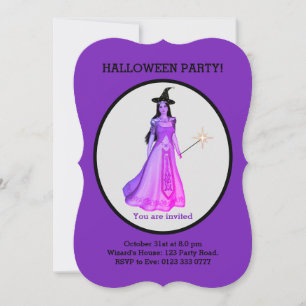 Invitation Belle Sorcière d'Halloween sur fond Noir et Violet