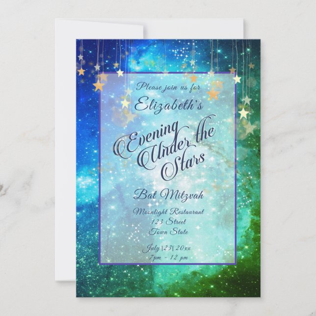 Invitation Belle sous la Bat Mitzvah Bleue Verte des Étoiles (Devant)