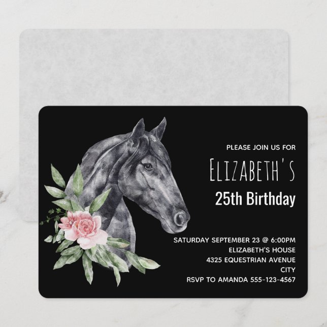 Invitation Belle tête de cheval en aquarelle Anniversaire Inv (Devant / Derrière)