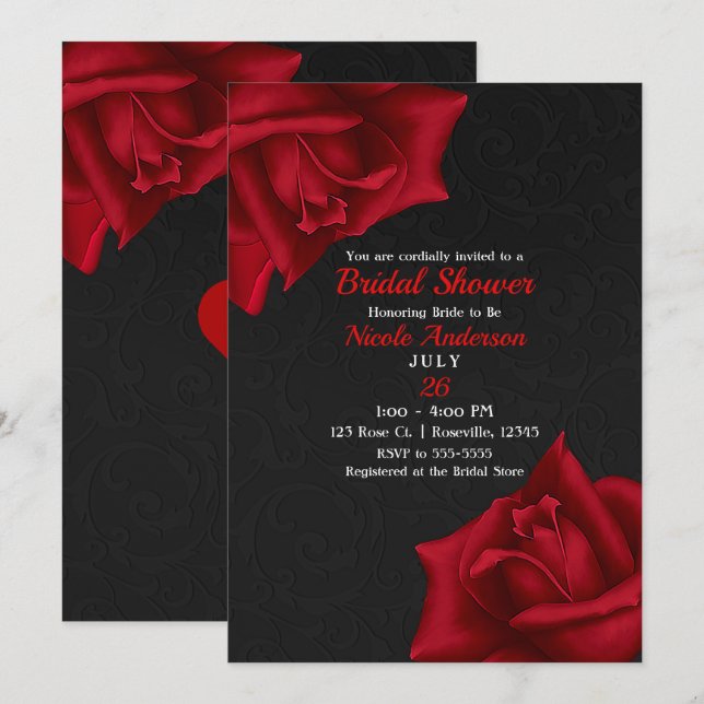 Invitation Belle texture noire Fête des mariées Roses rouges (Devant / Derrière)