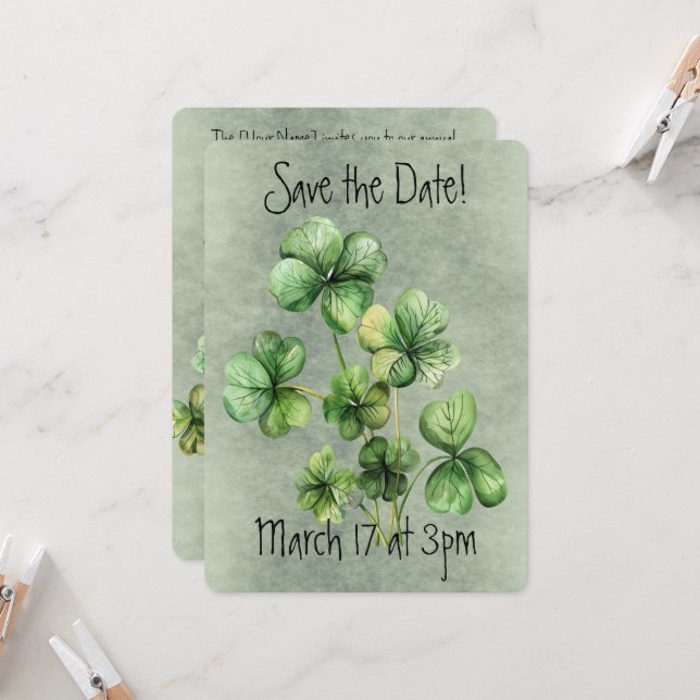 Invitation Belle trèfle à l'aquarelle verte (Devant/Arrière en situation)