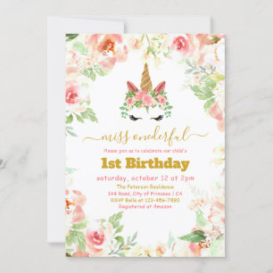 Invitation Belle Unicorne Face Aquarelle 1er Anniversaire