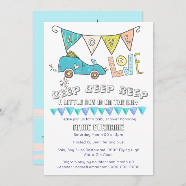 Invitation Belle voiture baby shower de transport Voyage de g (Devant / Derrière)