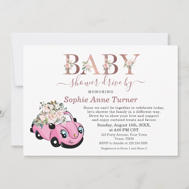 Invitation Belle Voiture Rose Floral Fille Baby shower Condui (Devant)
