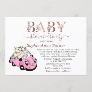 Invitation Belle Voiture Rose Floral Fille Baby shower Condui
