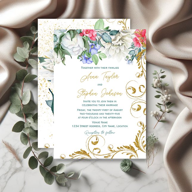Invitation Belles Botaniques avec Faux Gold Parties scintilla (Beautiful botanicals and faux gold glitter swirls invitation front and back.)