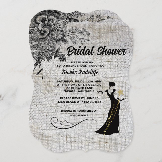 Invitation Belles fleurs artistiques noires/grises (Devant / Derrière)