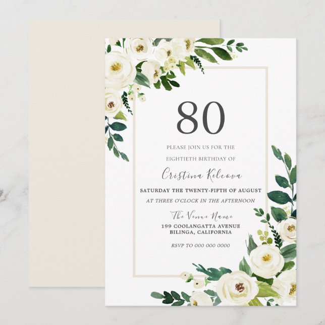 Invitation Belles fleurs blanches avec cadre 80e anniversaire (Devant / Derrière)
