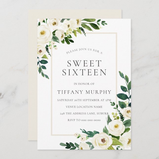 Invitation Belles fleurs blanches Douce 16 Party (Devant / Derrière)
