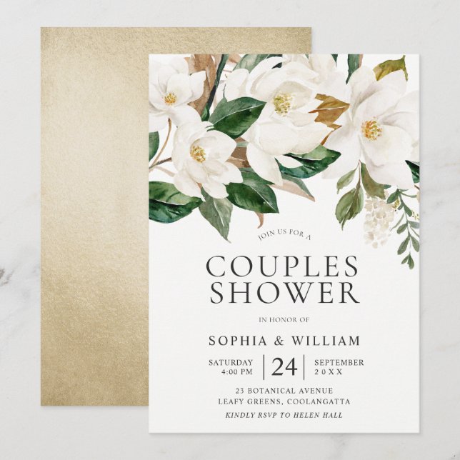 Invitation Belles Fleurs blanches Élégantes Couples Douche (Devant / Derrière)