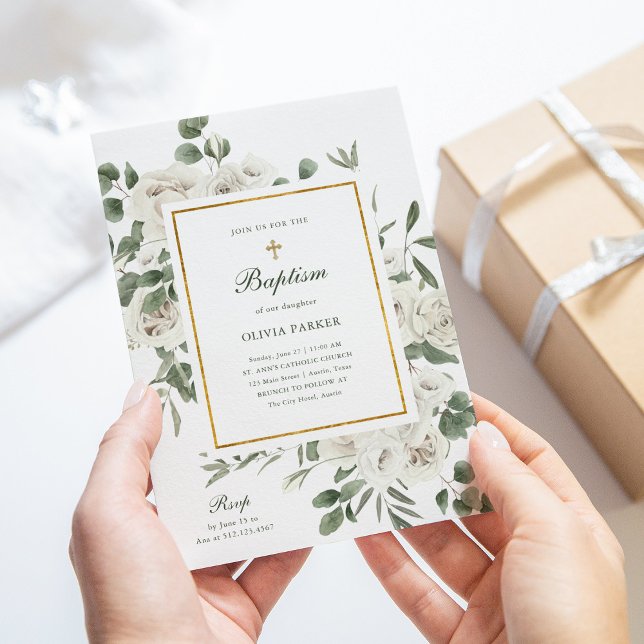 Invitation Belles fleurs blanches et or | Baptême (Créateur téléchargé)