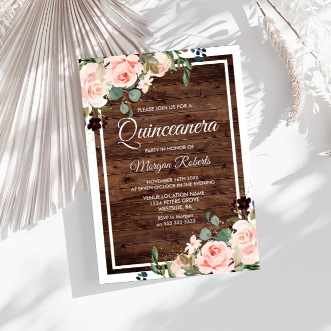 Invitation Belles fleurs blanches et Quinceanera en bois rust (Créateur téléchargé)
