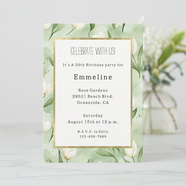 Invitation Belles fleurs de tulipe blanches et vertes pour an (Debout devant)