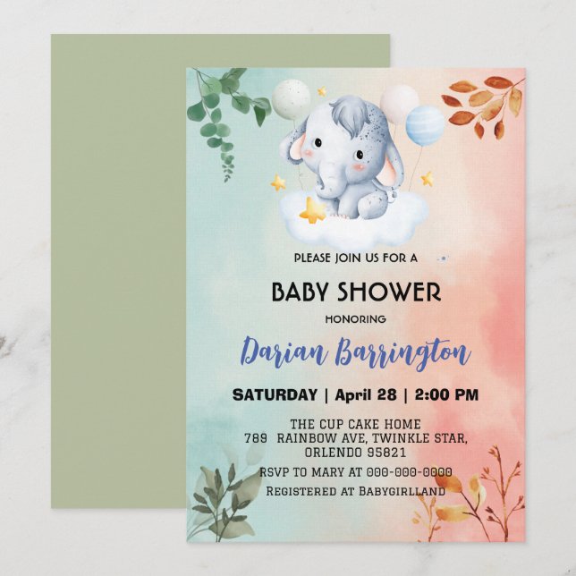 Invitation Belles fleurs d'éléphants baby shower enfants garç (Devant / Derrière)