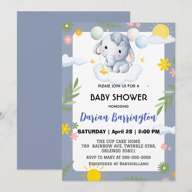 Invitation Belles fleurs d'éléphants baby shower enfants garç (Devant / Derrière)
