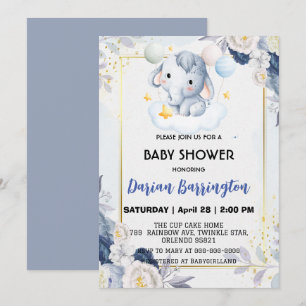Invitation Belles fleurs d'éléphants baby shower enfants garç