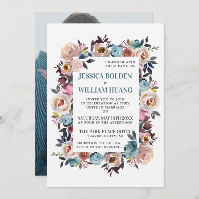 Invitation Belles fleurs Floral Spring Pastel Turquoise Maria (Devant / Derrière)