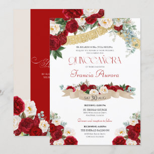 Invitation Belles fleurs florales Quinceanera rouge & blanc
