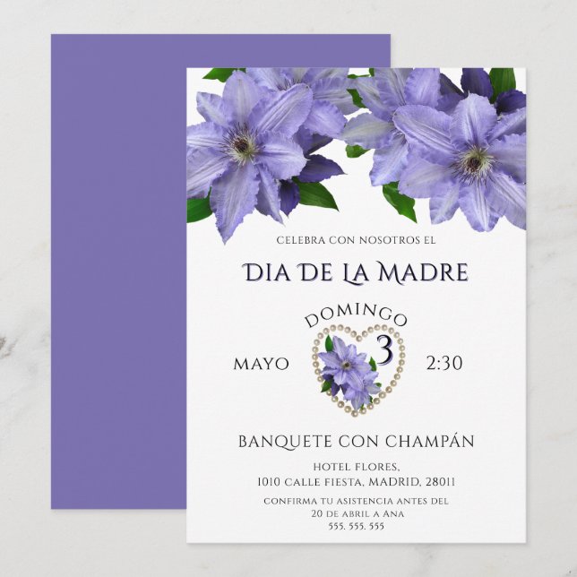 Invitation Belles Fleurs Malva pour la Fête des Mères (Devant / Derrière)