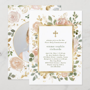 Invitation Belles fleurs neutres  Première communion photo