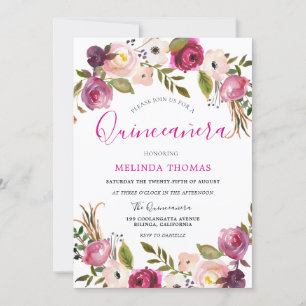 Invitation Belles fleurs roses Quinceanera 15e anniversaire
