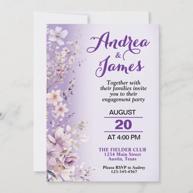 Invitation Belles Fleurs Violettes Fête de Fiançailles (Devant)