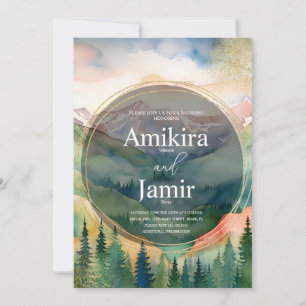 Invitation Belles Montagnes Aquarelle Paillettes Mariage
