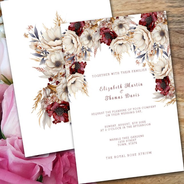 Invitation Belles Roses Blanches Pavots Bourgogne  (Créateur téléchargé)