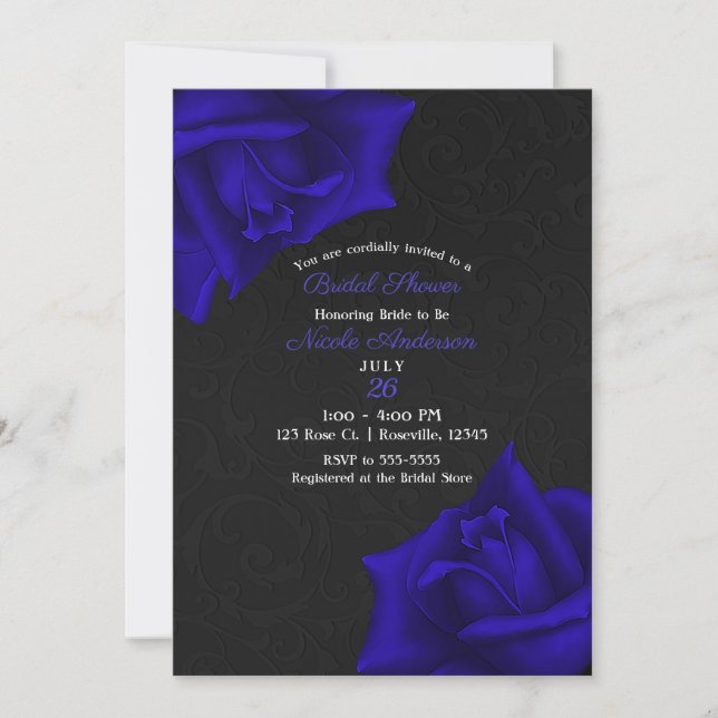 Invitation Belles Roses Bleues Texturées Noires Baby Shower d (Devant)