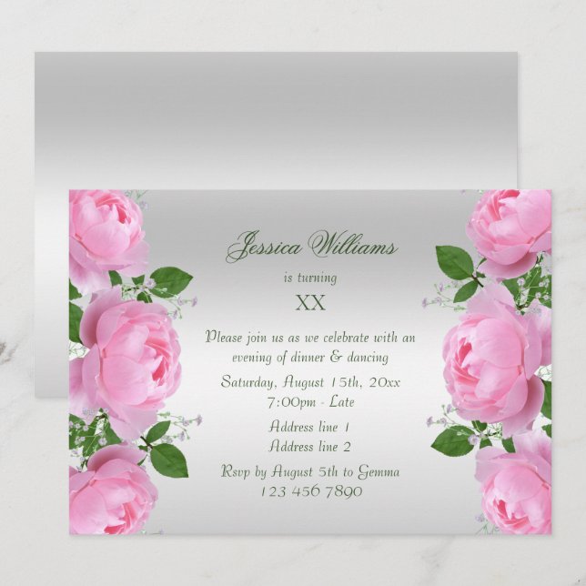 Invitation Belles Roses Fleurs Anniversaire Rose Classe (Devant / Derrière)
