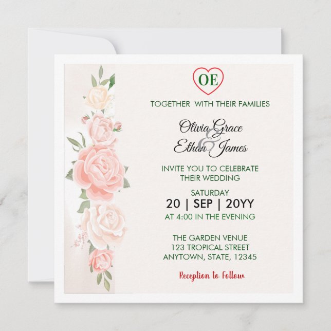 Invitation Belles Roses Fleurs de Mariage  (Devant)