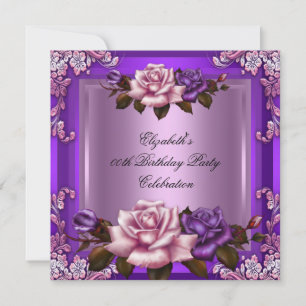 Invitation Belles Roses Roses Violettes Élégantes Fête d'Anni