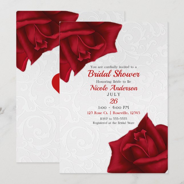 Invitation Belles Roses Rouges à Texture Blanche pour Baby Sh (Devant / Derrière)