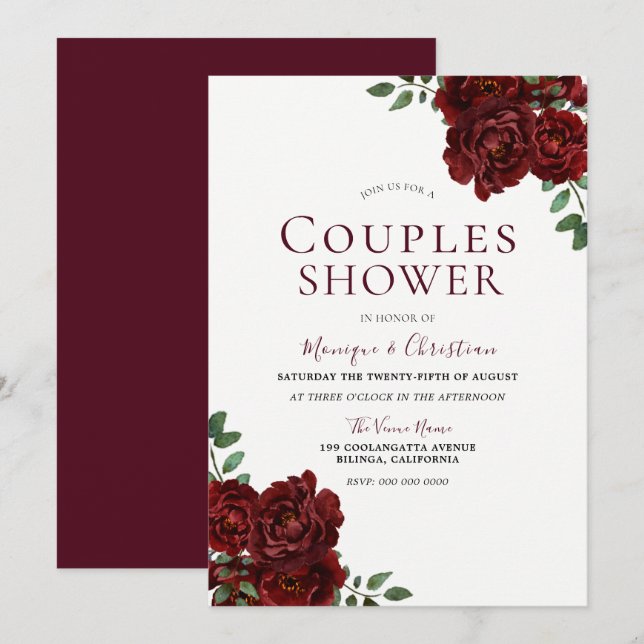 Invitation Belles Roses Rouges Pluie de Mariage pour Couple R (Devant / Derrière)