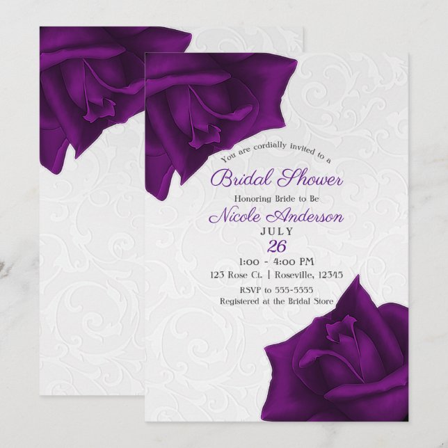 Invitation Belles Roses Violettes à Texture Blanche pour Baby (Devant / Derrière)