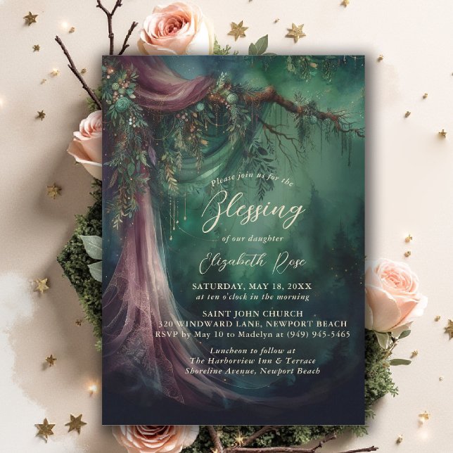 Invitation Bénédiction de baptême Jardin enchanté Conte de fé (baptism invitation christening enchanted forest garden botanical greenery emerald gold floral draped)