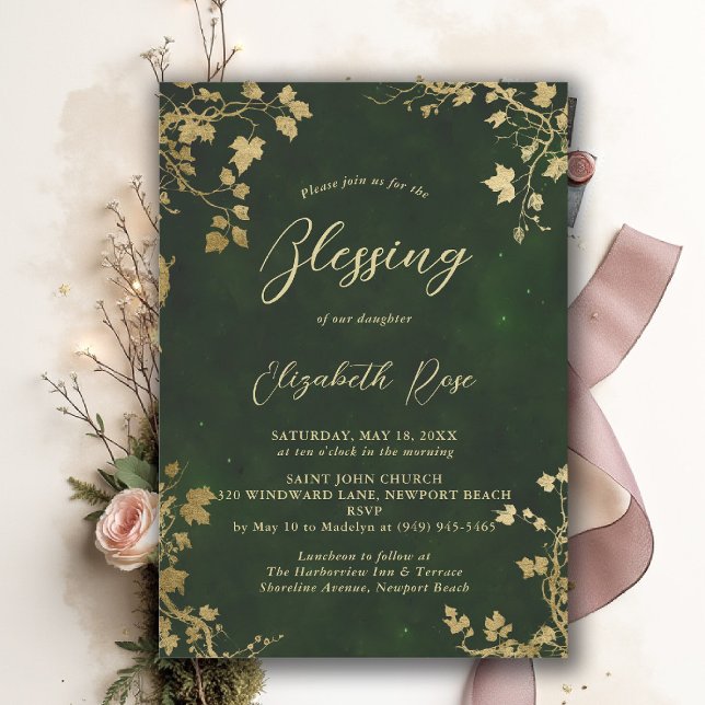 Invitation Bénédiction de baptême Jardin enchanté Conte de fé (baptism invitation christening enchanted forest garden botanical greenery hunter green gold)