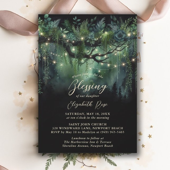 Invitation Bénédiction de baptême Jardin enchanté Conte de fé (baptism invitation christening enchanted forest garden botanical greenery emerald gold floral)