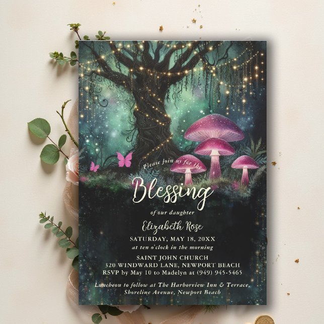 Invitation Bénédiction de baptême Jardin enchanté Forêt Champ (baptism invitation christening enchanted forest garden botanical greenery mushrooms butterflies)