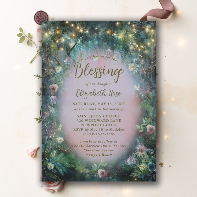 Invitation Bénédiction de baptême Roses de jardin enchanté Co (baptism invitation christening enchanted forest garden botanical greenery roses emerald gold pink)