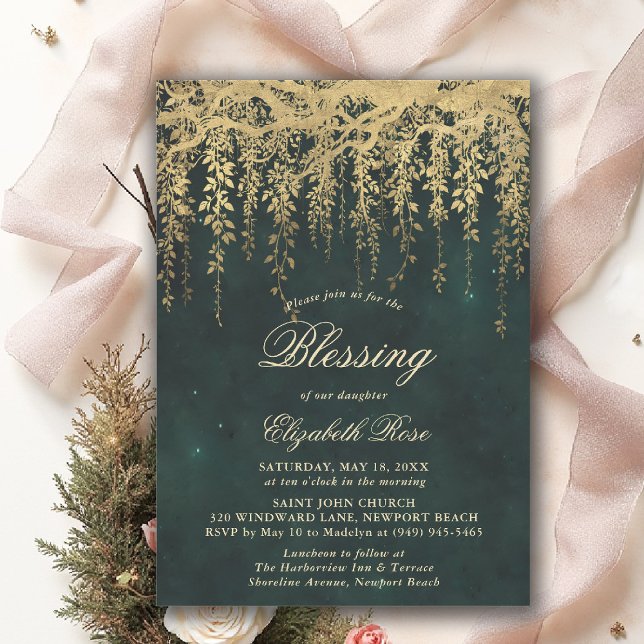 Invitation Bénédiction de baptême Vignes enchantées de conte  (baptism invitation christening enchanted forest garden botanical greenery emerald gold vines)