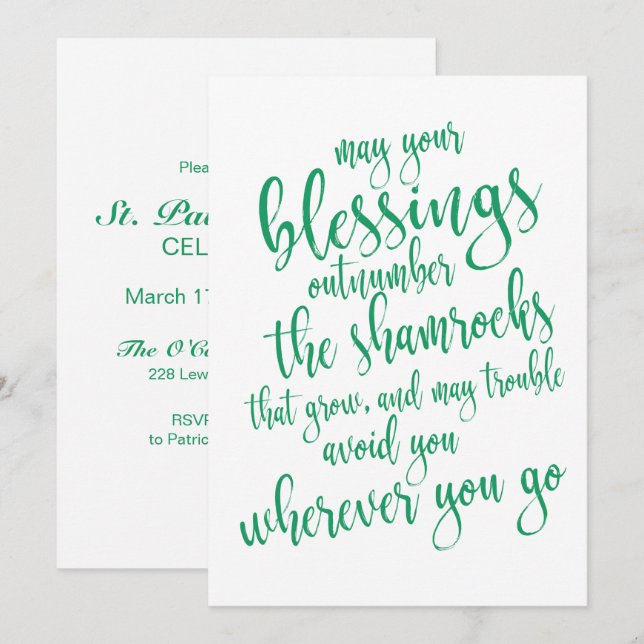 Invitation Bénédiction irlandaise Fête de la Saint-Patrick (Devant / Derrière)
