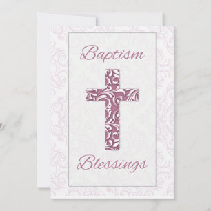 Invitation Bénédictions de baptême fille Croix rose Damassé T