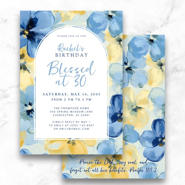 Invitation Béni à 30 Foi Anniversaire Jalon Floral (Elegant "Blessed at 30" faith birthday invite with blue and yellow florals)