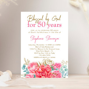 Invitation Bénie par Dieu Fleurs roses chrétiennes 50e annive